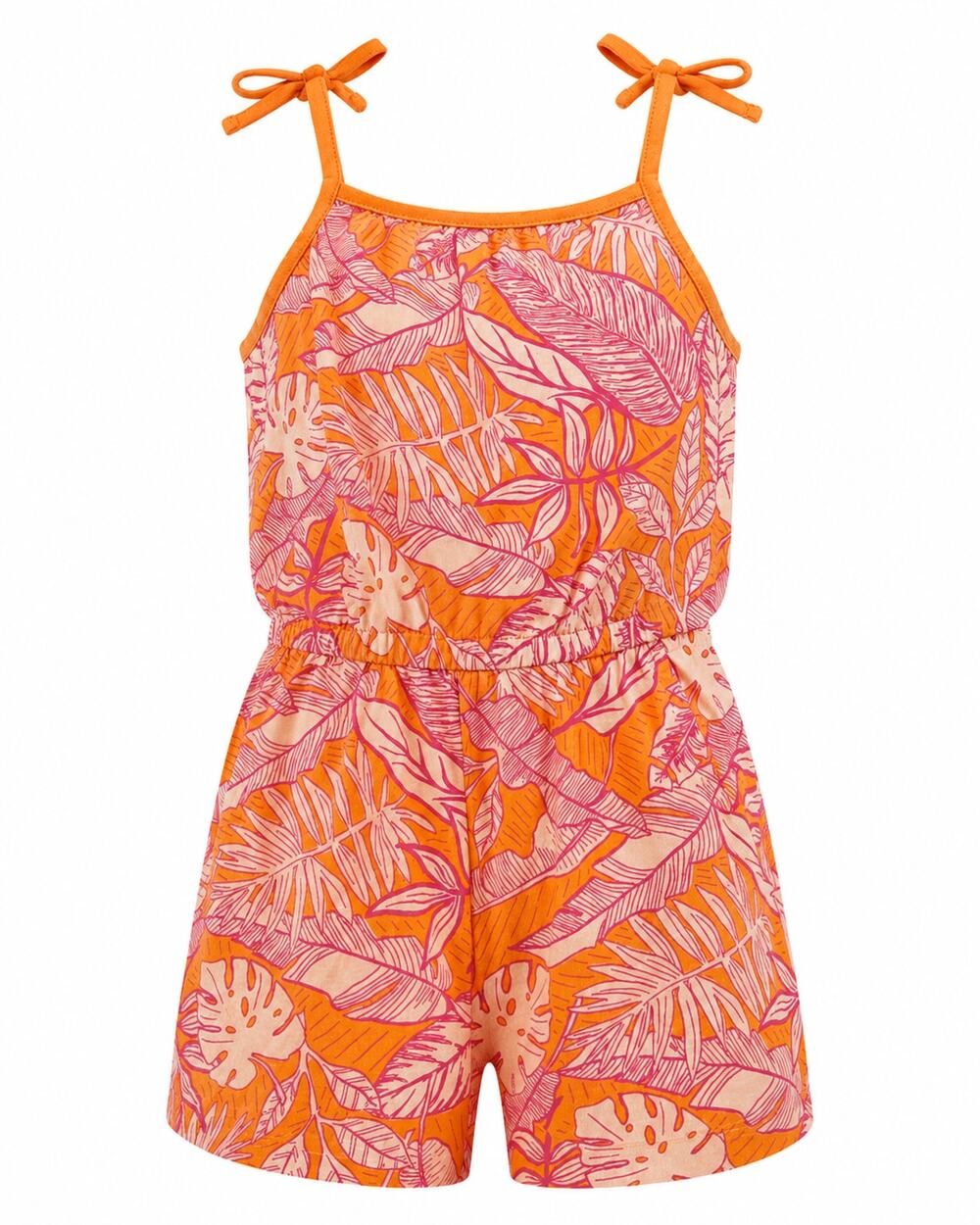New Cat & Jack Girls Tropical Leaf Print Romper Orange Pink Tie Strap One Piece